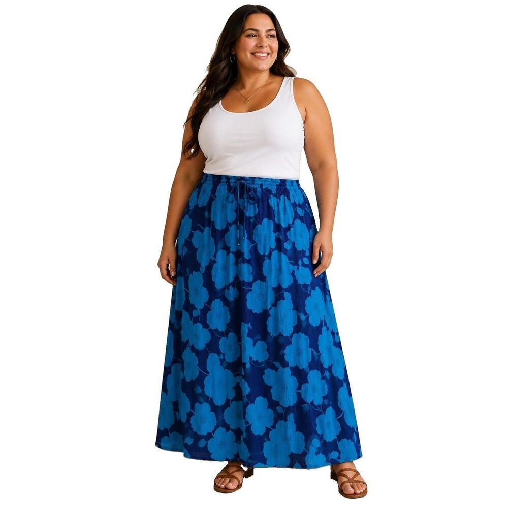 Plus Size Blue Floral Maxi Skirt Crinkle Drawstring Boho Coastal Vacation OSP